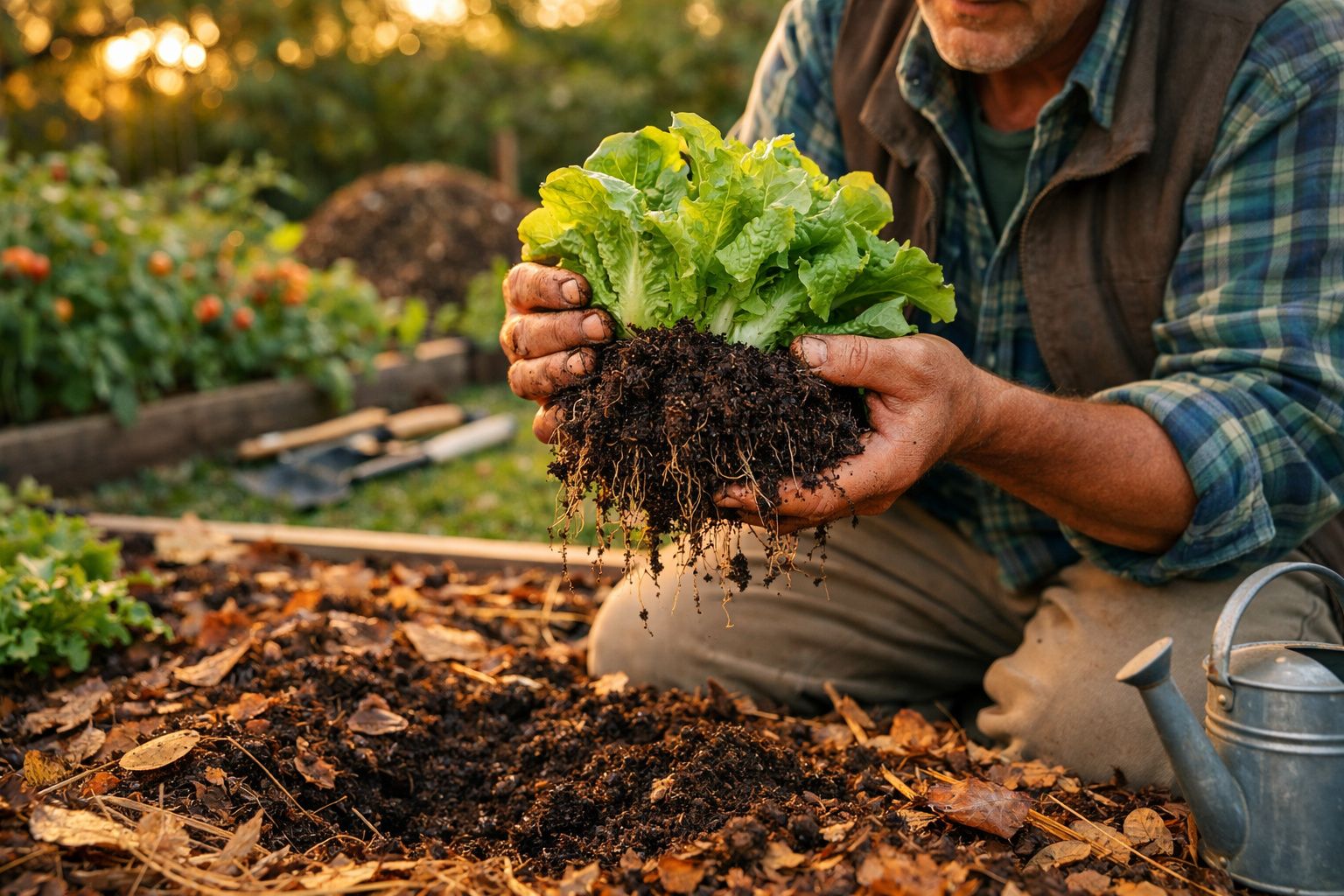 Pessoa a plantar alface com raízes e terra num jardim ao ar livre ao pôr do sol.