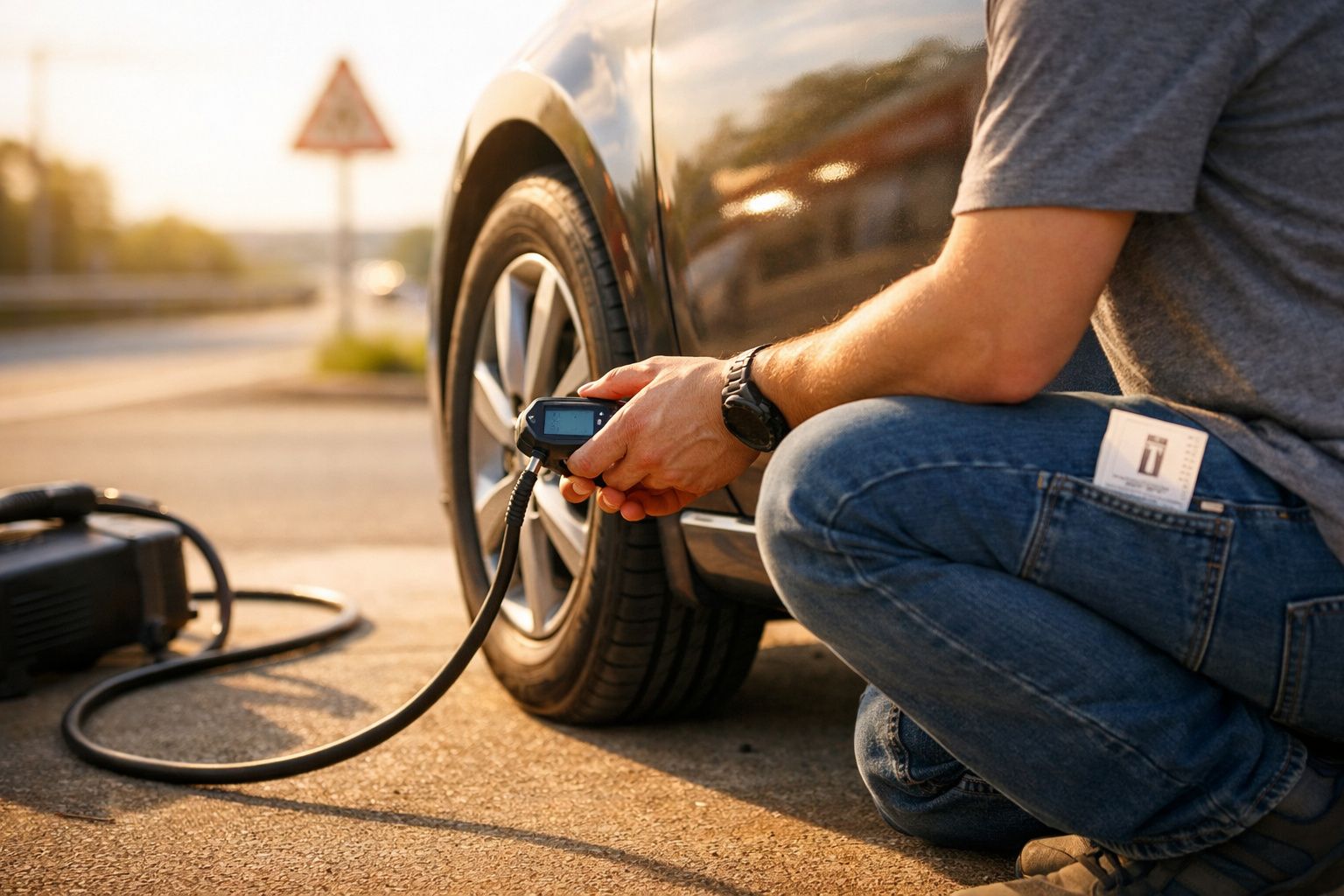 Homem mede pressão dos pneus de carro com equipamento digital ao ar livre ao pôr do sol.