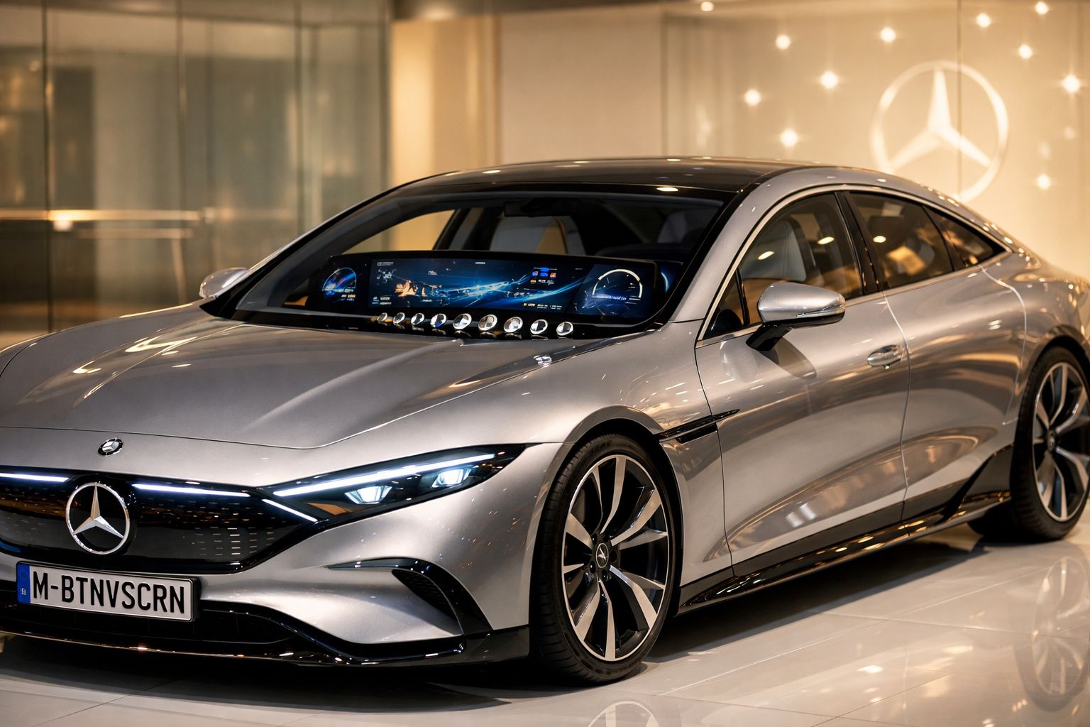 Carro desportivo eléctrico cinzento prateado Mercedes-Benz com ecrã digital panorâmico interior visível.