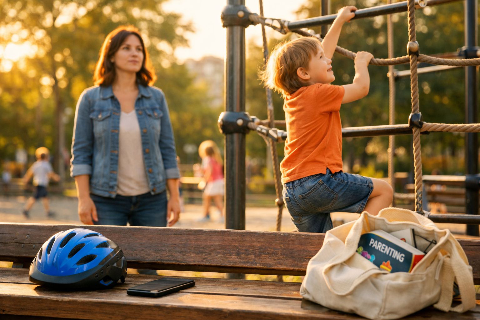 Menino a escalar brinquedo no parque com mulher ao fundo e capacete azul e livro numa mochila na bancada.