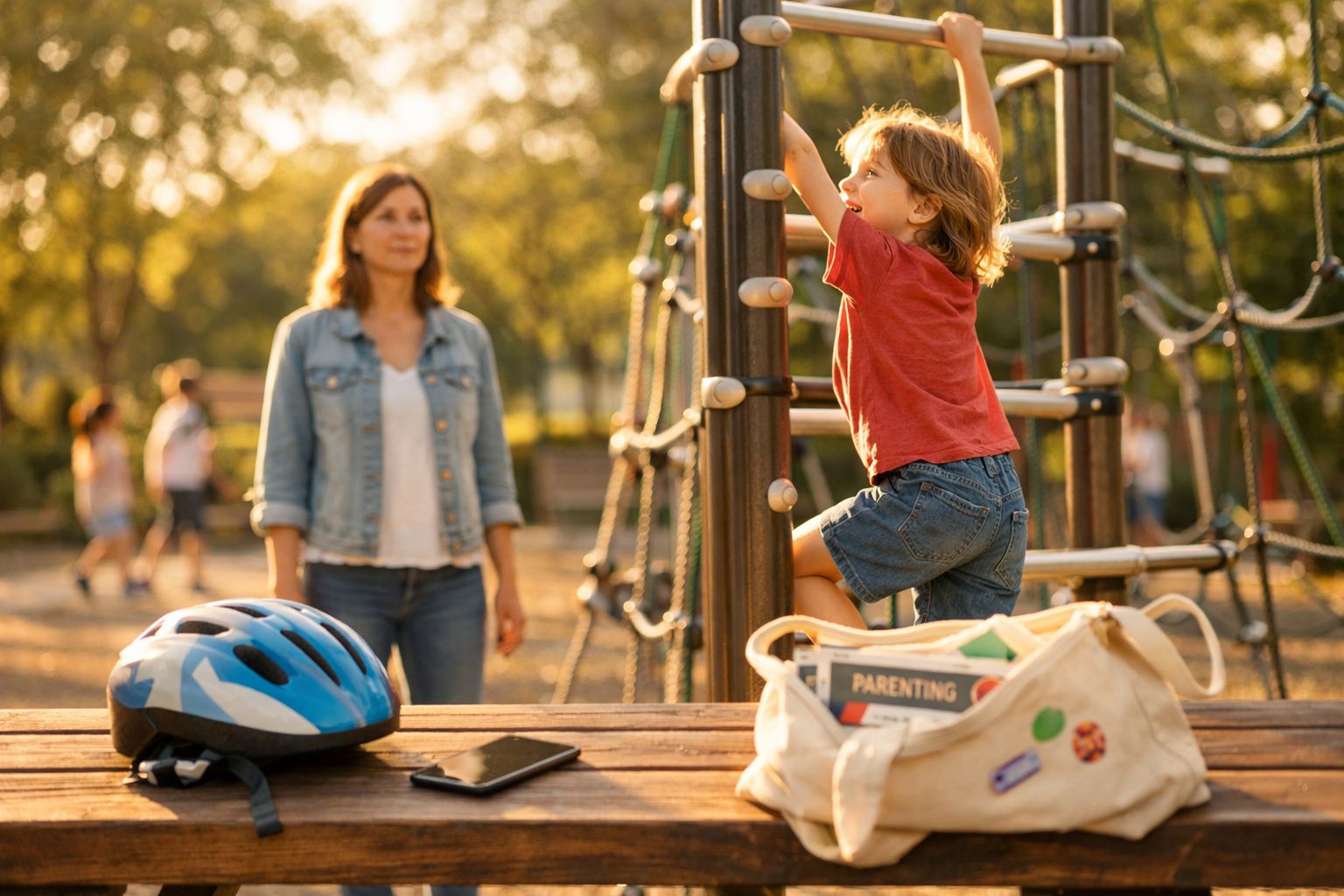 Criança a escalar equipamento de parque infantil com mulher a observar ao fundo durante o pôr do sol.