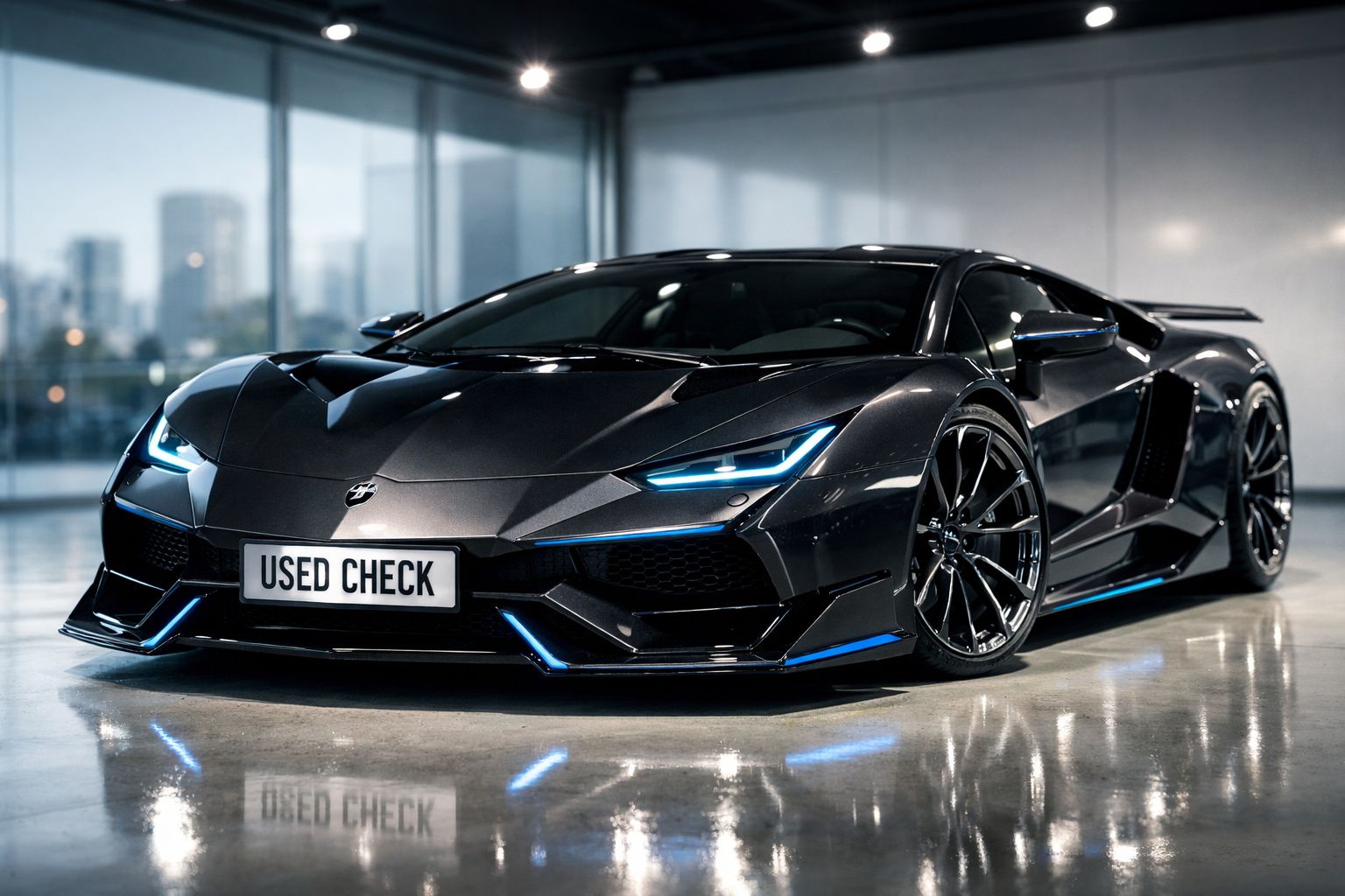 Carro desportivo preto com luzes LED azuis estacionado em piso brilhante, interior moderno ao fundo.