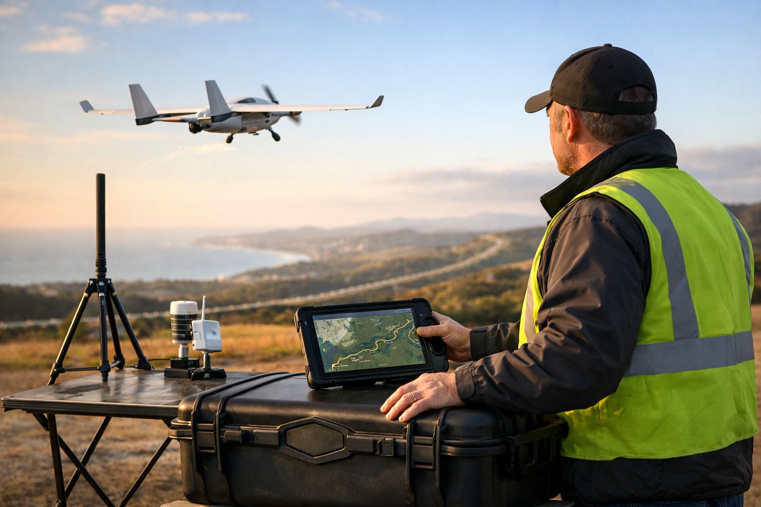 Homem com colete refletor controla voo de drone com tablet ao ar livre, com paisagem montanhosa ao fundo.