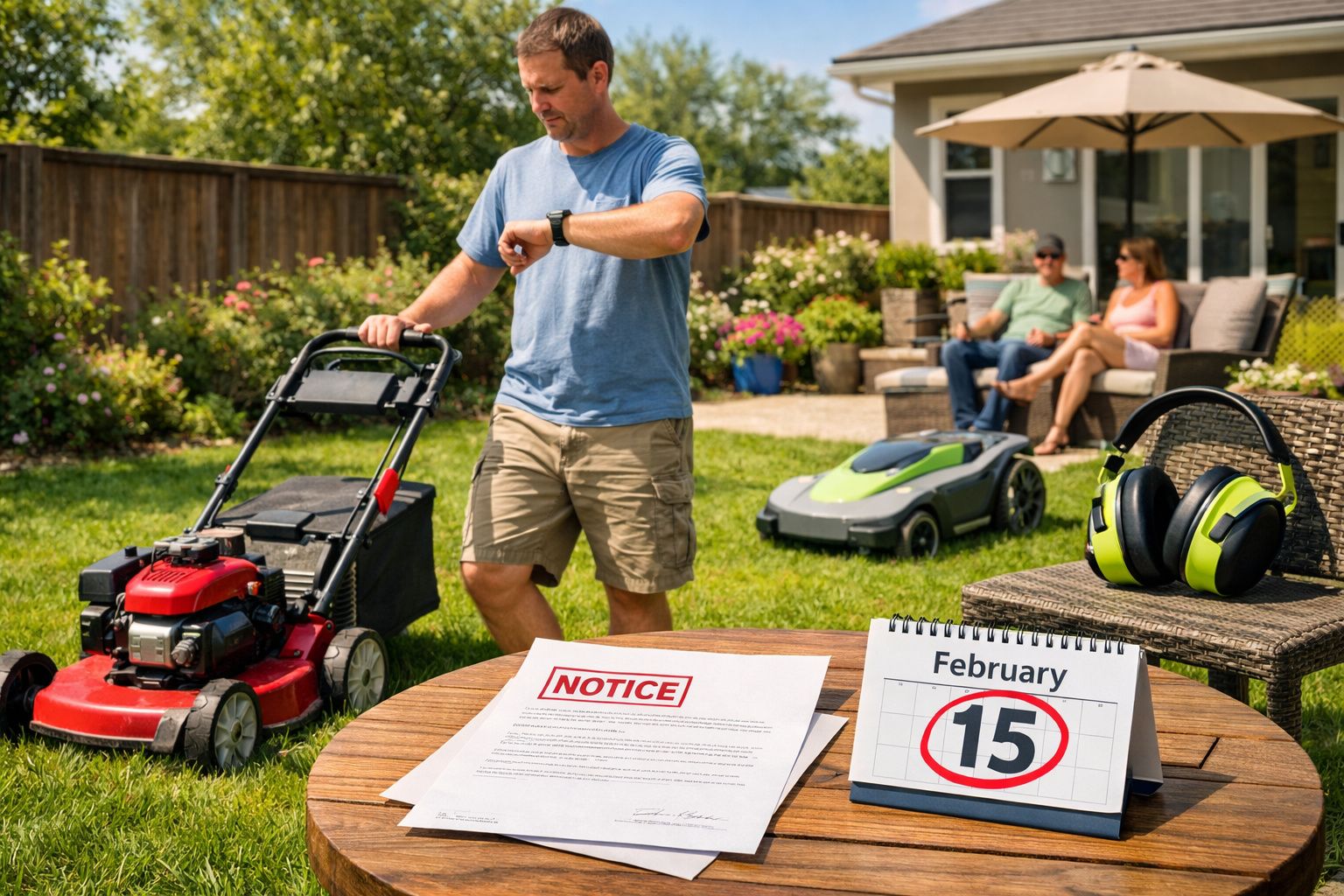 Homem a cortar a relva com cortador manual, casal relaxa no jardim, calendário marca 15 de fevereiro.