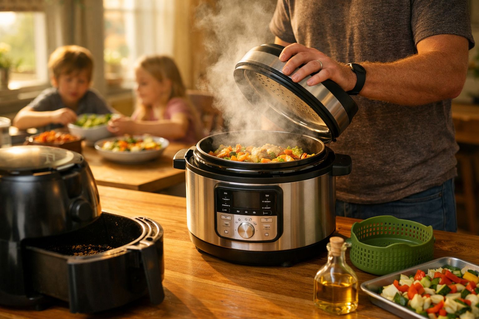 Pessoa a abrir panela elétrica a vapor com refeição quente e crianças ao fundo à mesa.