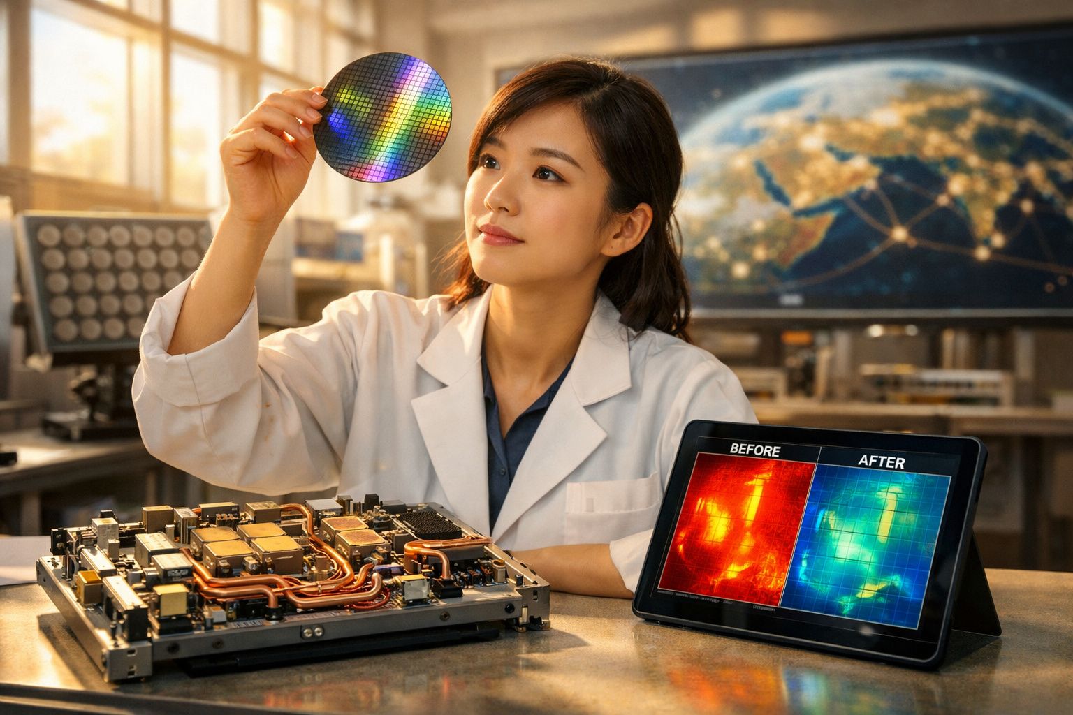 Mulher cientista a inspeccionar um wafer semicondutor com esquema térmico num ecrã digital ao lado.