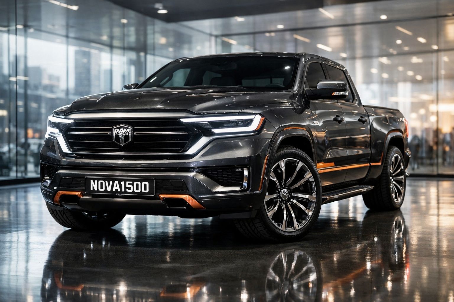 Pick-up cinzenta RAM Nova 1500 com detalhes laranja numa sala de exposição moderna com chão brilhante.