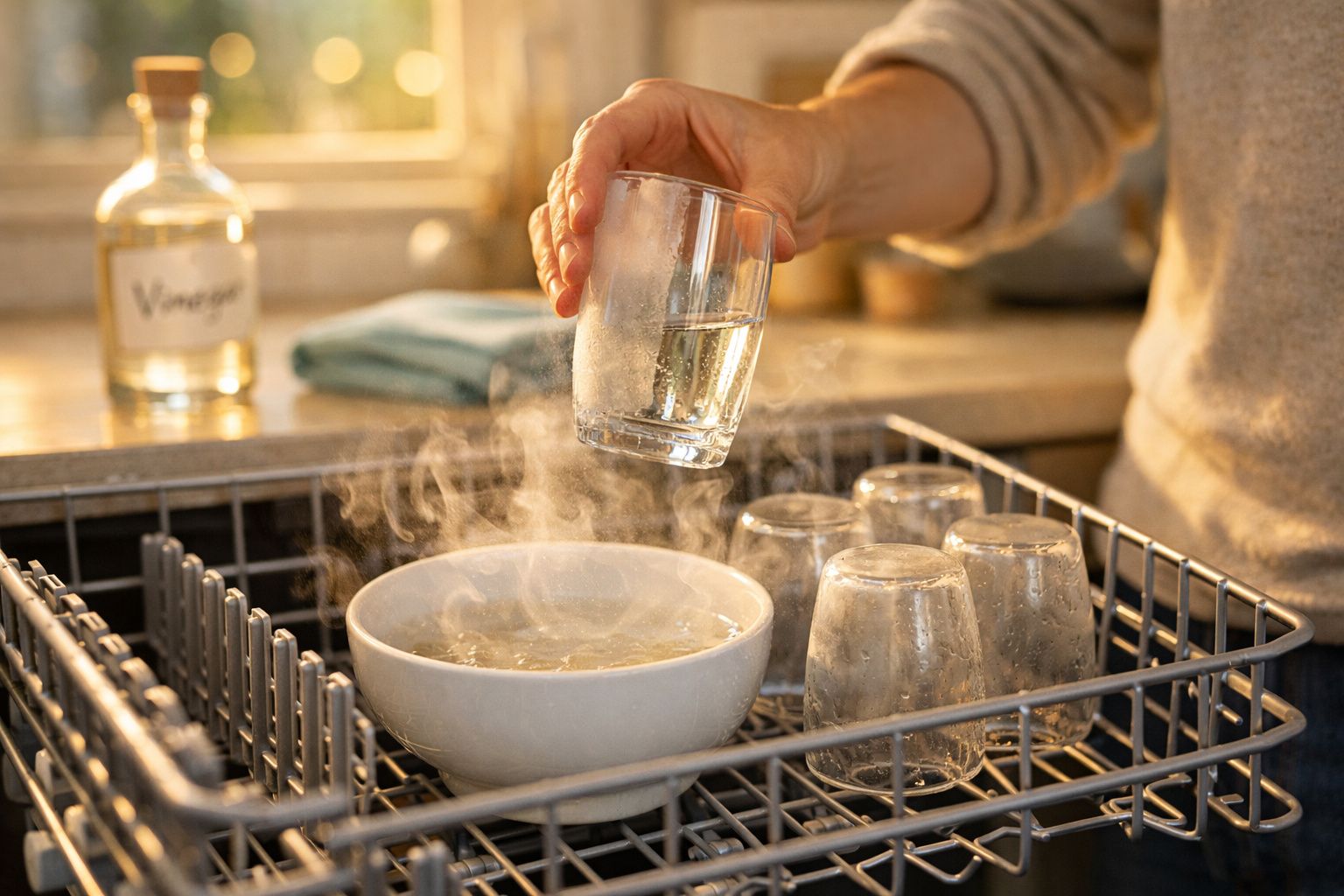 Pessoa a limpar copos numa máquina de lavar louça com vapor e vinagre visível ao fundo.