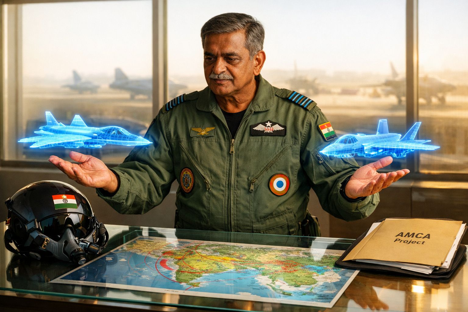 Piloto militar indiano em uniforme com modelos holográficos de aviões sobre mapa numa mesa.