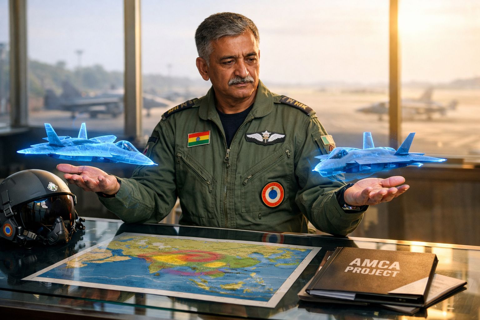 Piloto militar com uniforme verde observa dois jatos de combate holográficos sobre a sua mão em escritório.