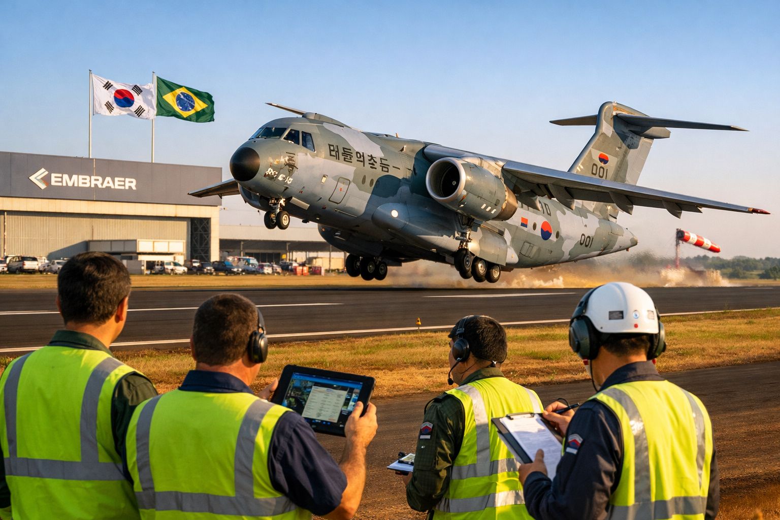 Quatro técnicos em coletes refletores observam avião militar a descolar num aeroporto com bandeiras sul-coreana e brasileira.