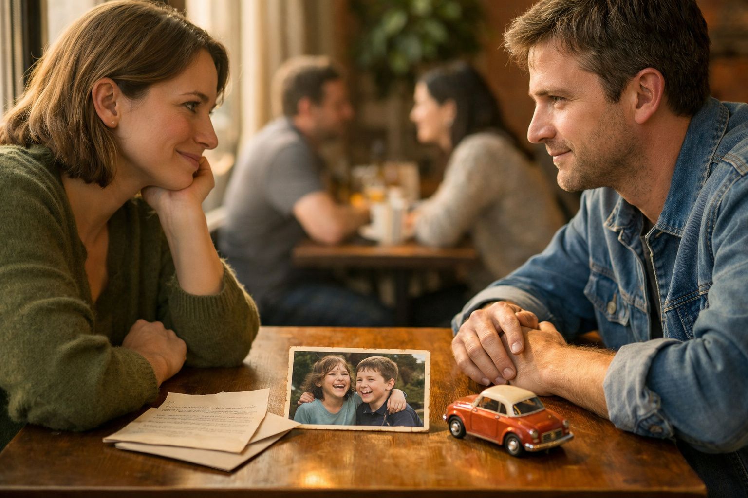 Casal sentado numa mesa a olhar um para o outro com fotografias e um carro de brinquedo entre eles.
