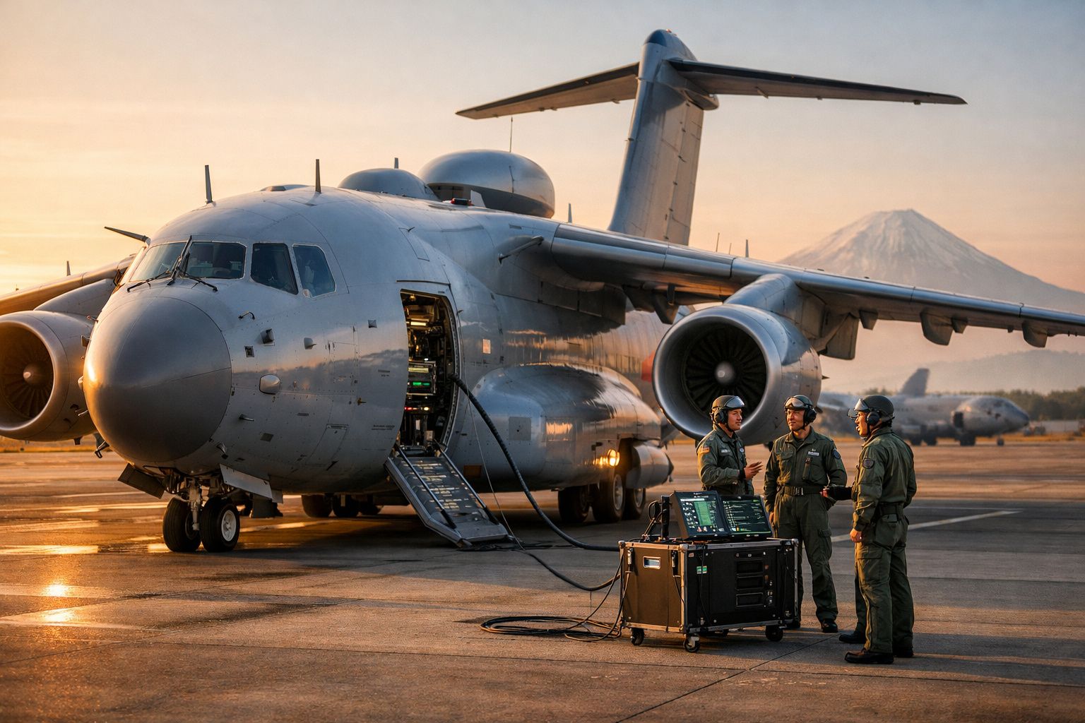 Avião militar cinzento com porta aberta e três pilotos em uniforme num aeroporto ao pôr do sol.