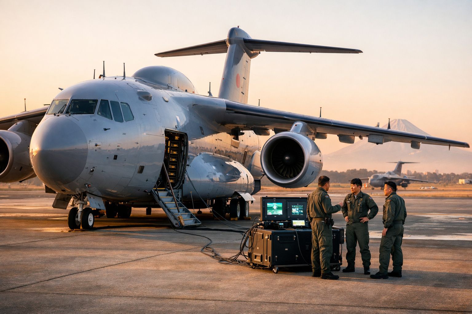 Avião militar cinzento estacionado com rampa aberta e três pilotos em uniforme de voo a conversar numa pista ao pôr do sol.