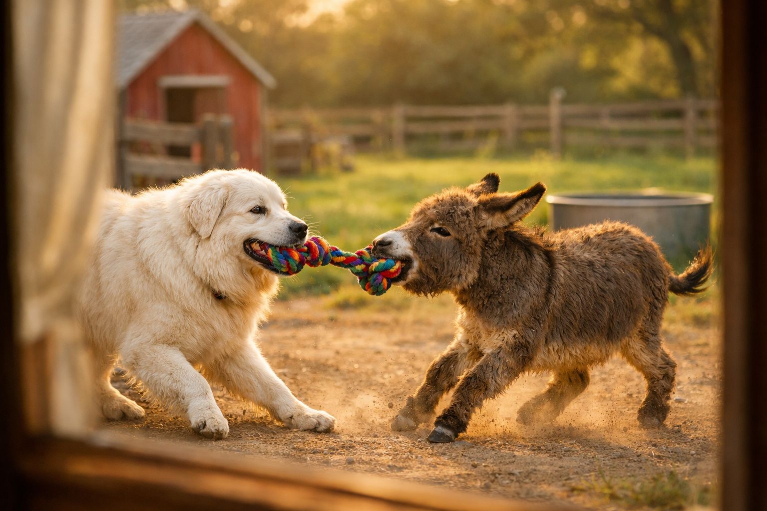 Cão branco e burro a brincar com um brinquedo colorido no campo ao entardecer.