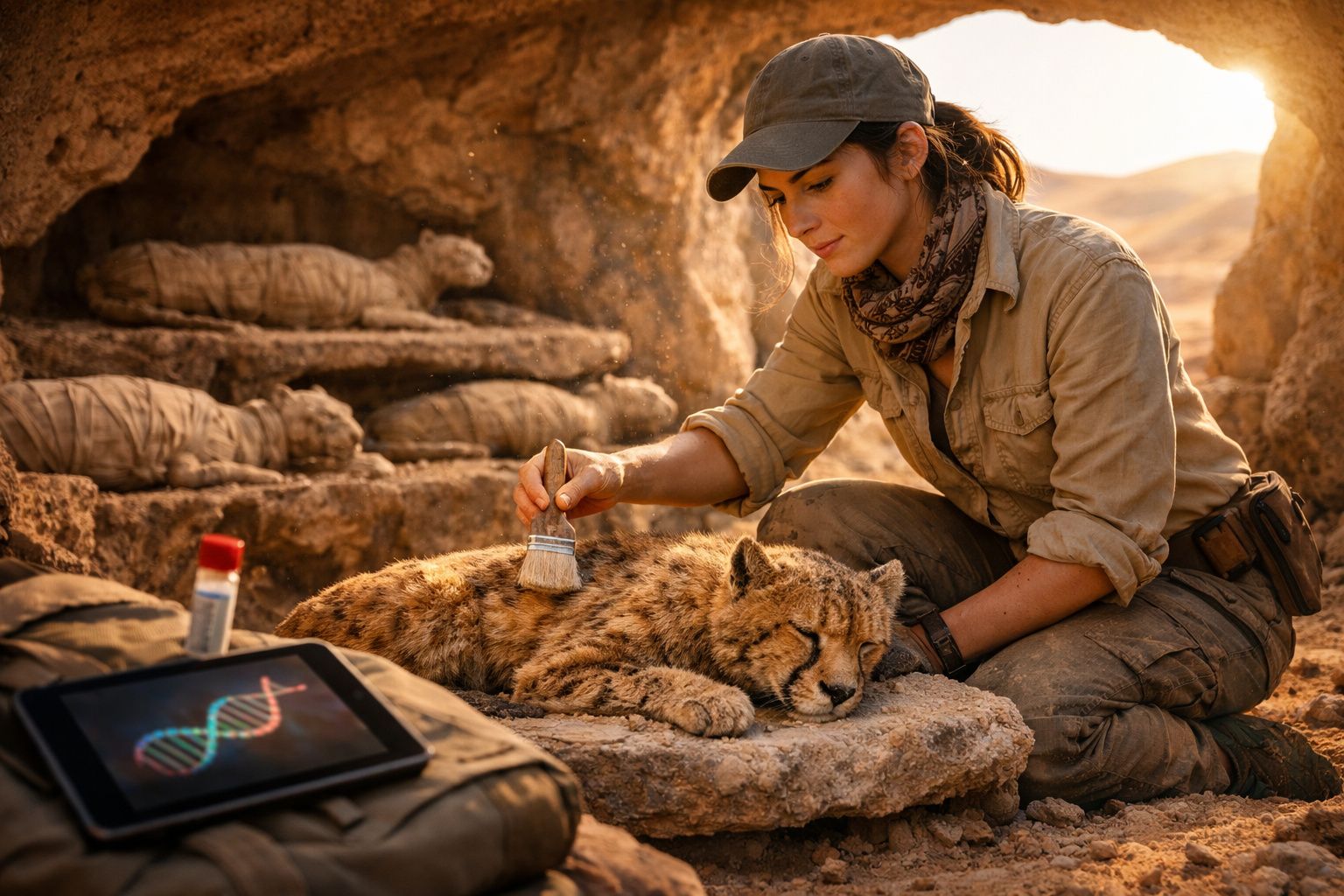 Arqueóloga limpa fóssil de um animal pré-histórico enquanto examina dados genéticos num tablet ao lado.