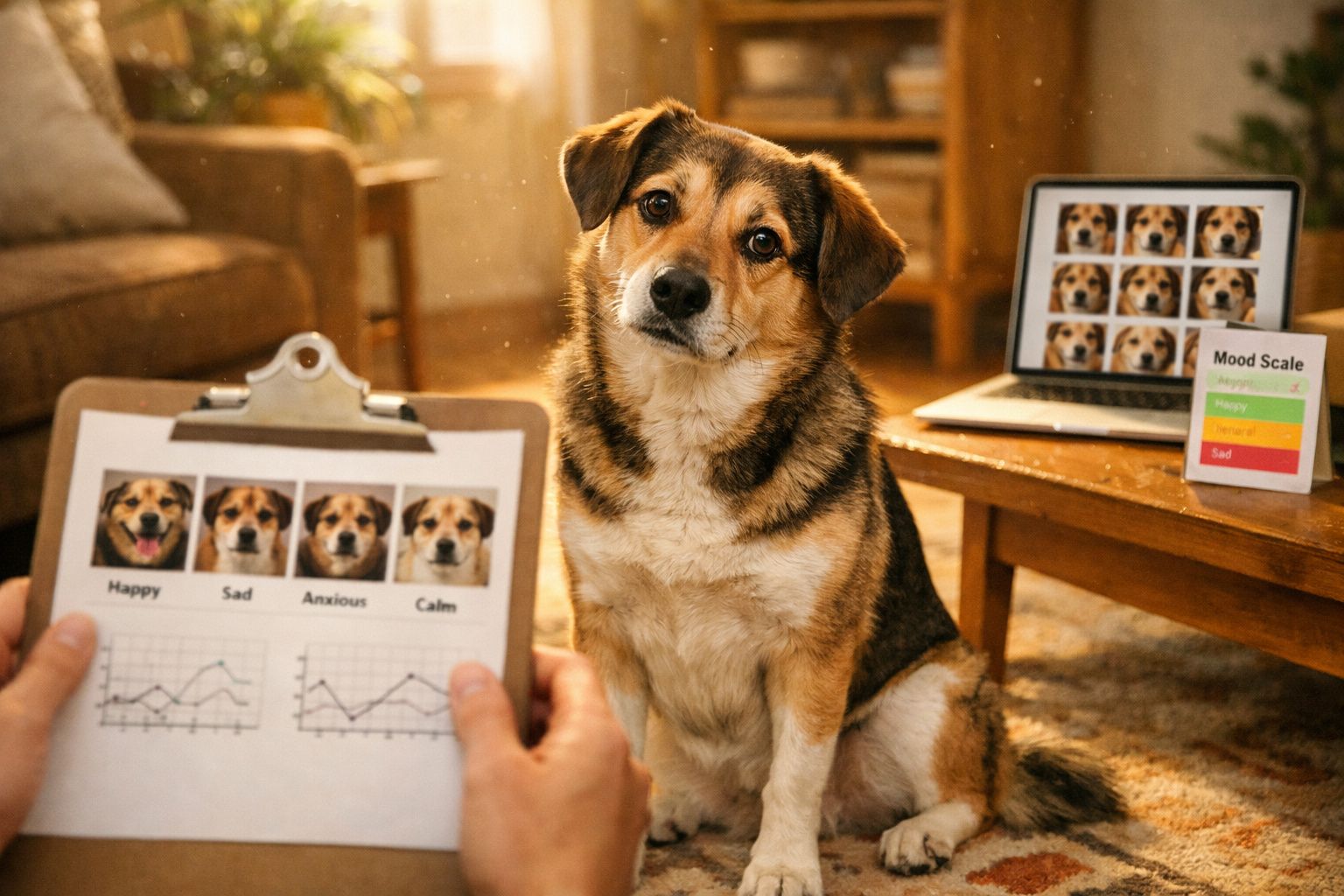 Cão sentado numa sala com gráfico e imagens da expressão facial dele para análise do seu estado emocional.