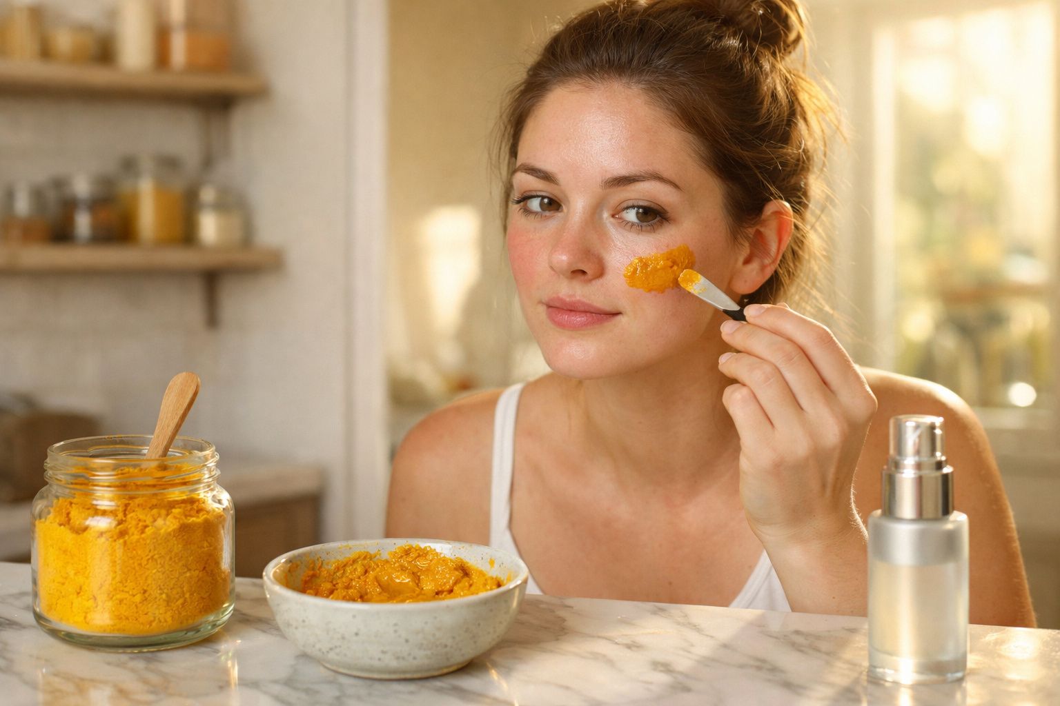 Mulher a aplicar máscara facial caseira amarela no rosto numa cozinha iluminada.