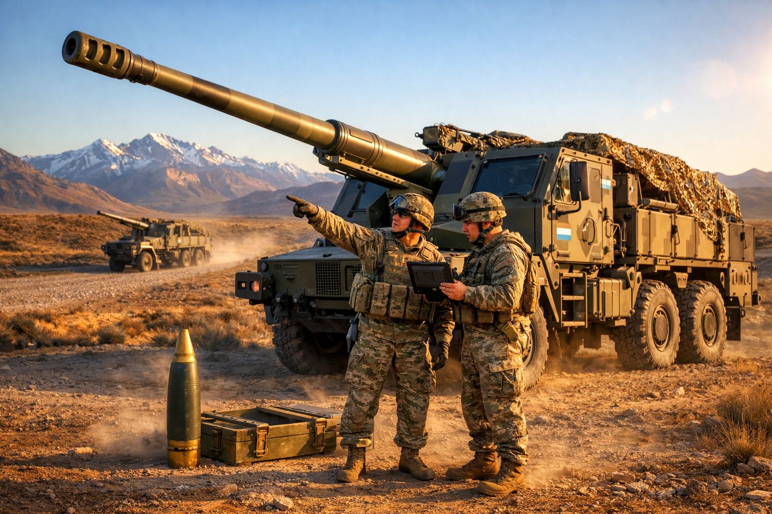 Dois soldados em uniformes militares junto a um veículo de artilharia em terreno montanhoso ao pôr do sol.