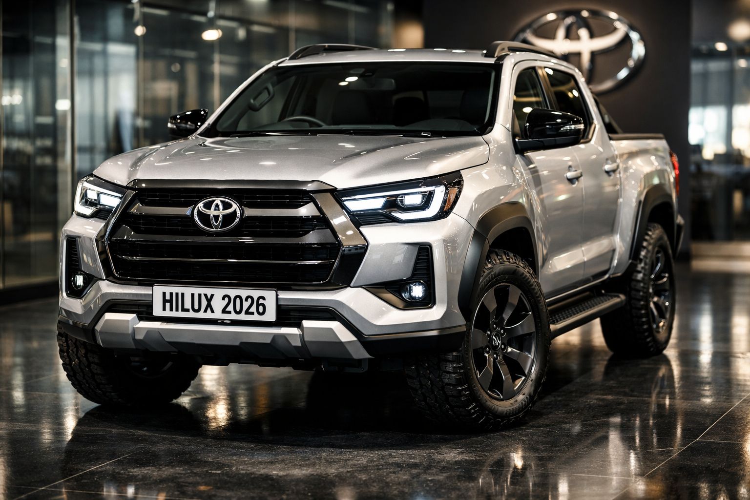 Pick-up Toyota Hilux 2026 prata, com detalhes em preto, em showroom moderno e iluminado.