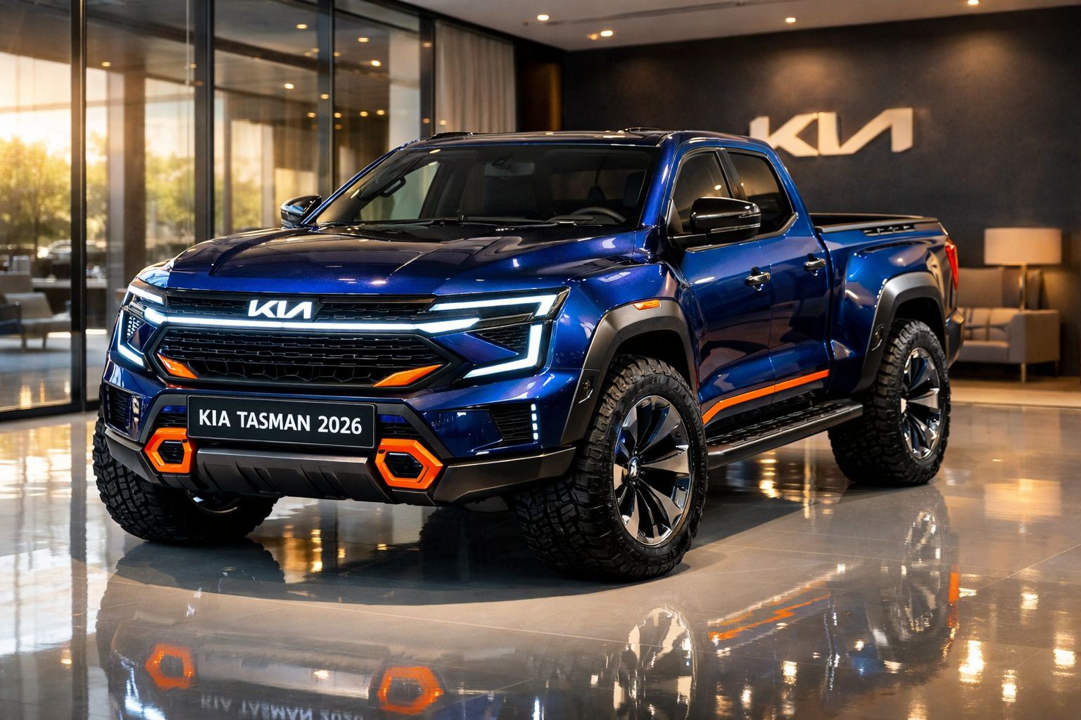 Pick-up Kia Tasman 2026 azul com detalhes laranja em exposição numa sala moderna.