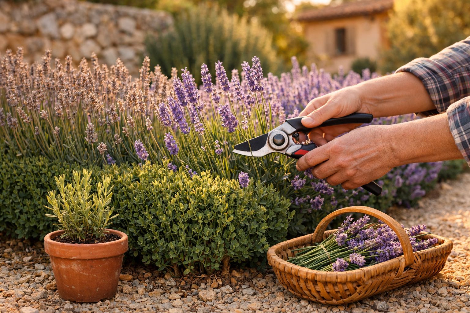 Pessoa a cortar flores de lavanda num jardim com tesoura, ao lado cesto com ramalhetes e vaso de planta.