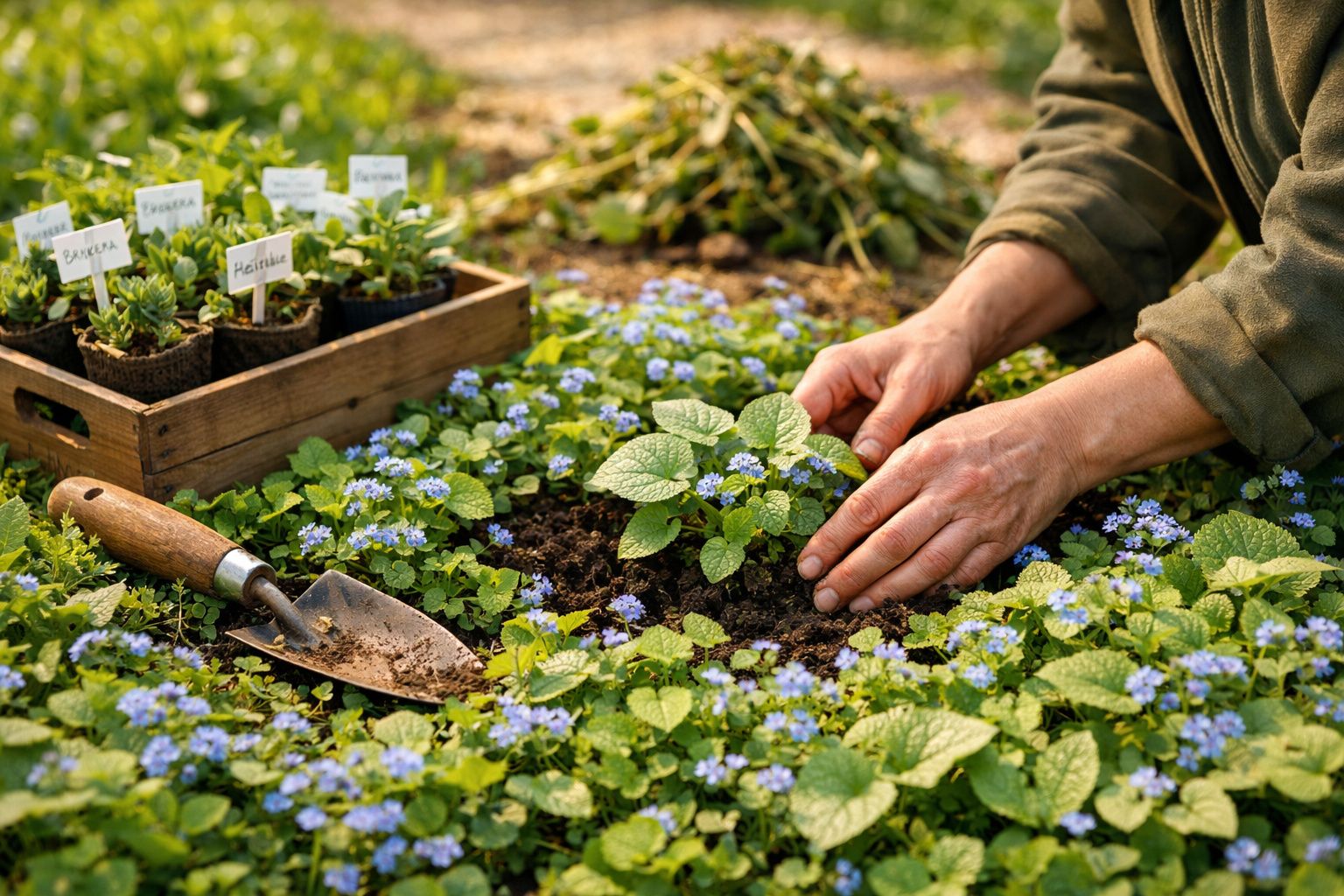 Pessoa a plantar uma muda de planta com pequenas flores azuis num jardim, com enxada e caixas de plantas ao lado.