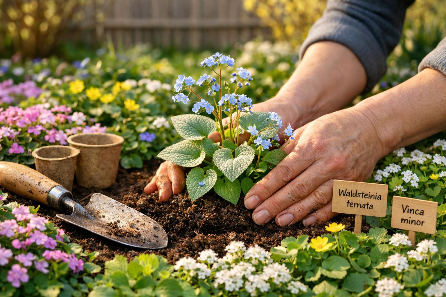 Mãos a plantar Flores Waldsteinia ternata em solo fértil cercado por plantas e flores coloridas.
