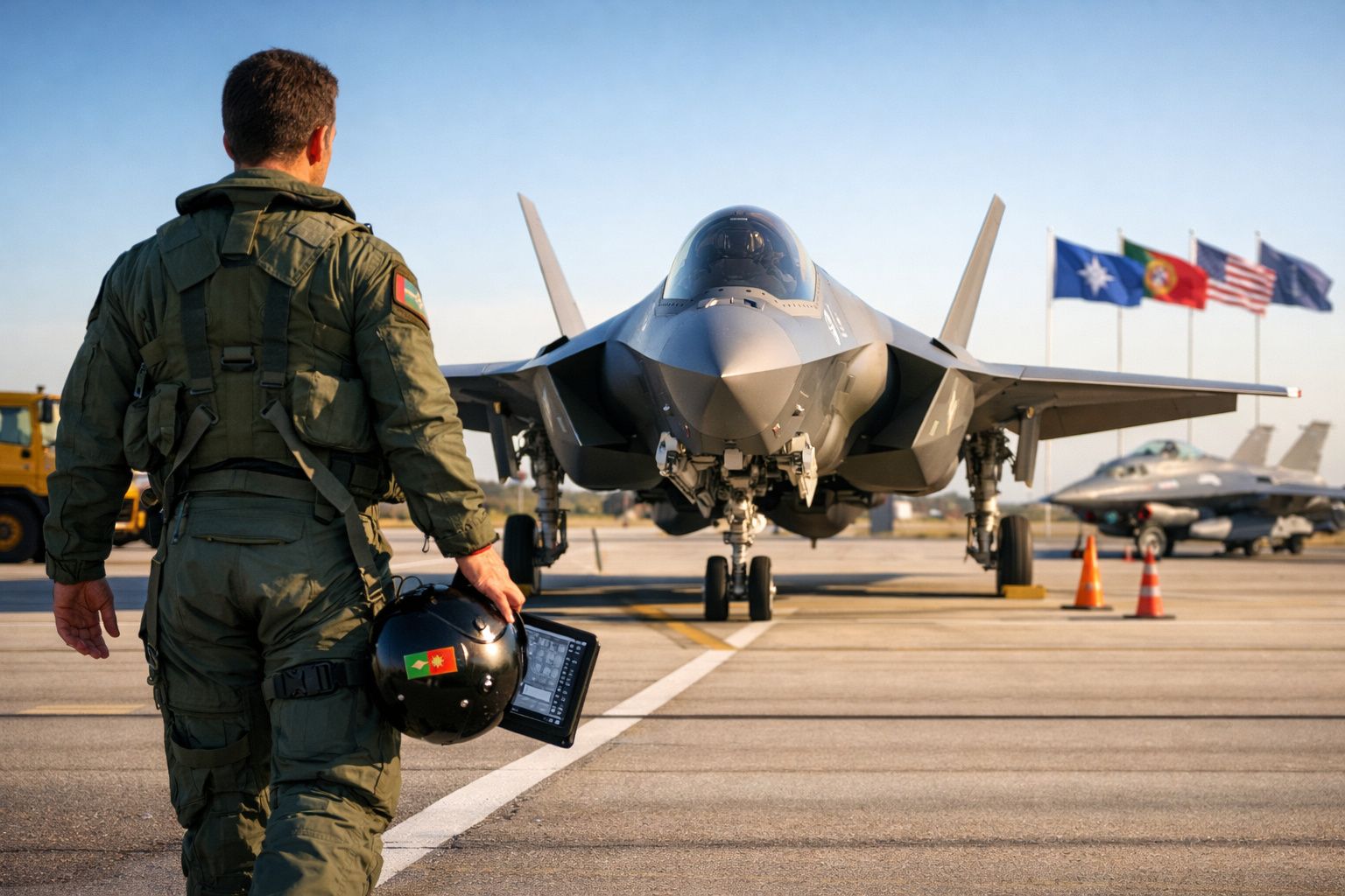 Piloto militar com fato verde segura capacete com bandeira de Portugal e observa avião de combate na pista.