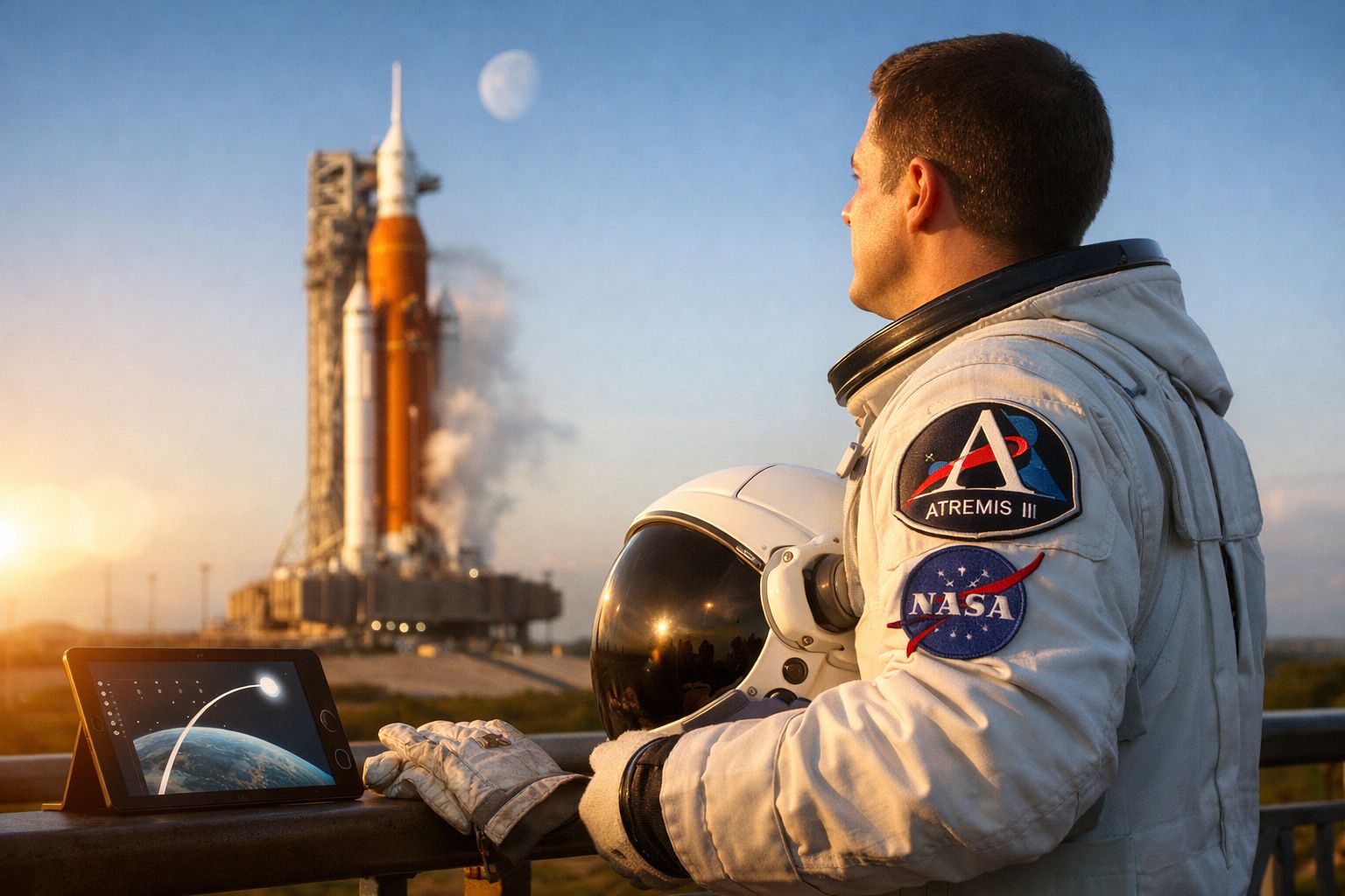 Astronauta da NASA com fato espacial observa foguetão Artemis III prestes a ser lançado ao pôr do sol.