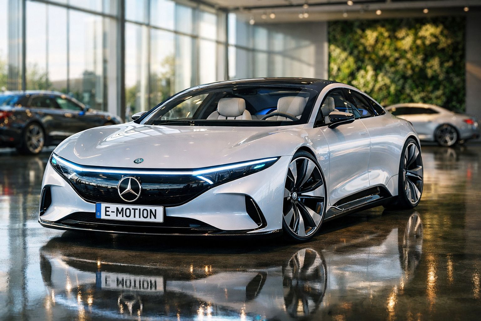 Carro elétrico Mercedes-Benz E-Motion branco em exposição num espaço fechado com chão reflexivo.