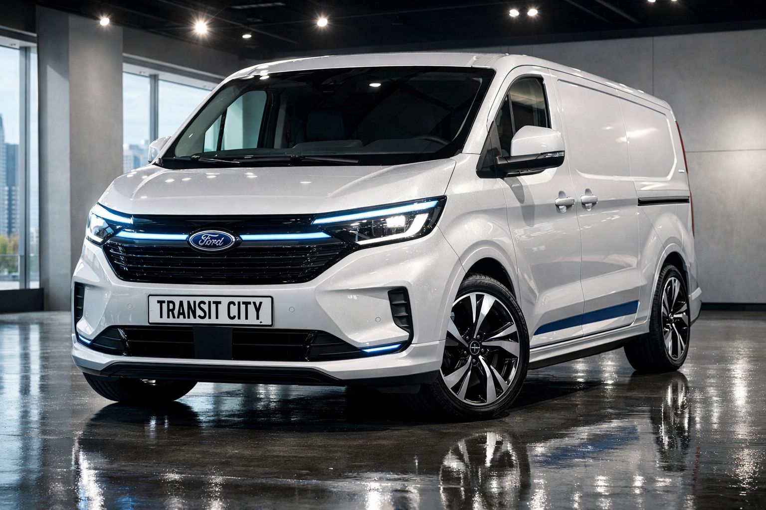 Carrinha Ford Transit City branca estacionada em chão polido dentro de garagem moderna.