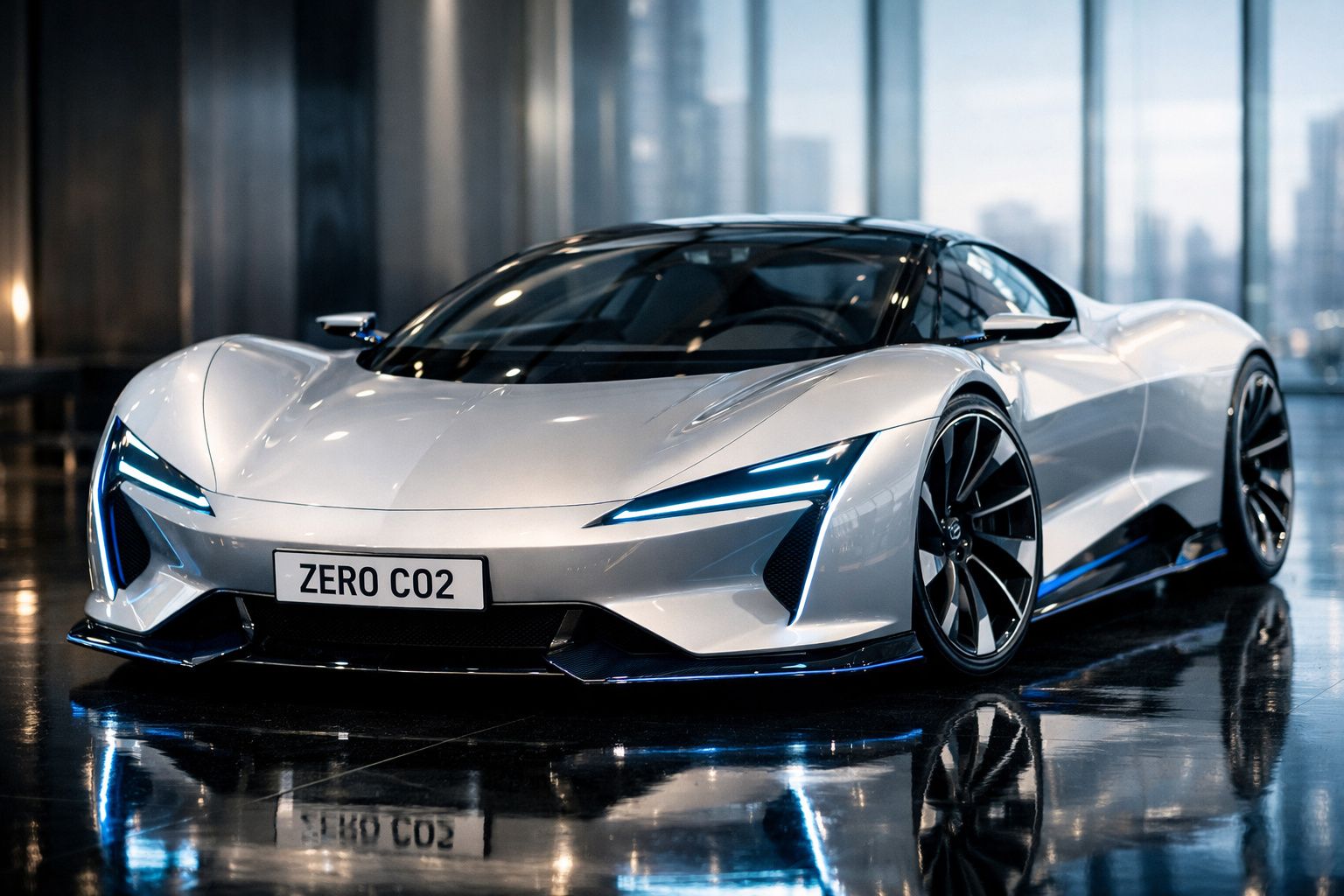 Carro desportivo eléctrico prateado estacionado em interior moderno, com luzes dianteiras LED acesas.