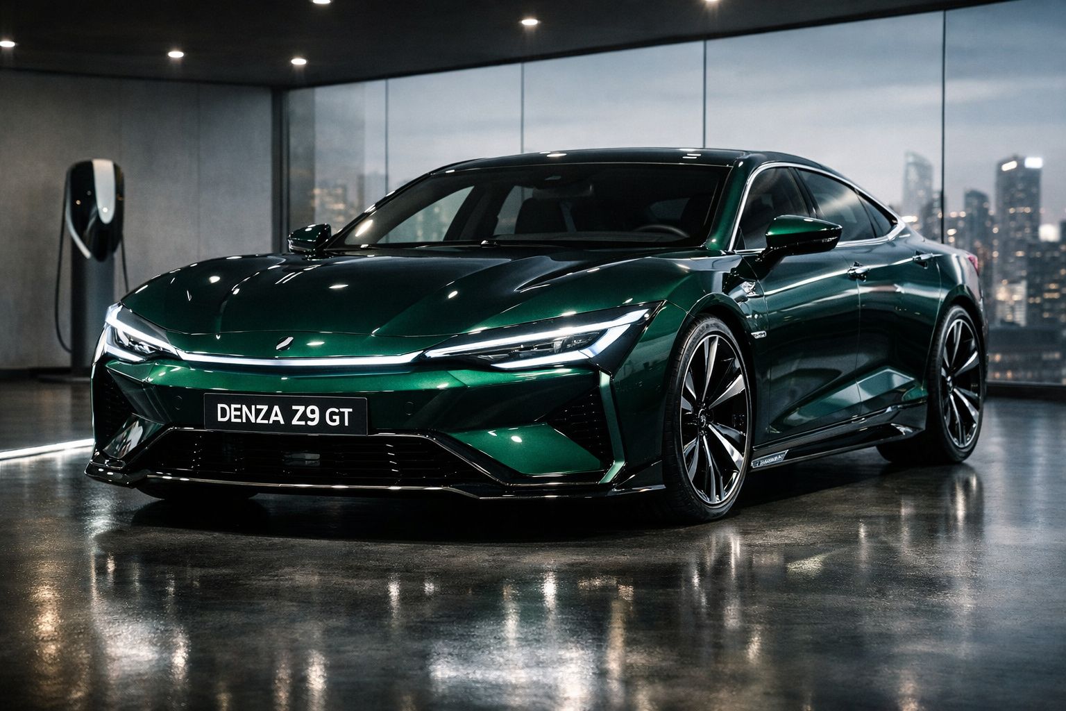 Carro elétrico verde Denza Z9 GT num salão moderno com carregador elétrico na parede.