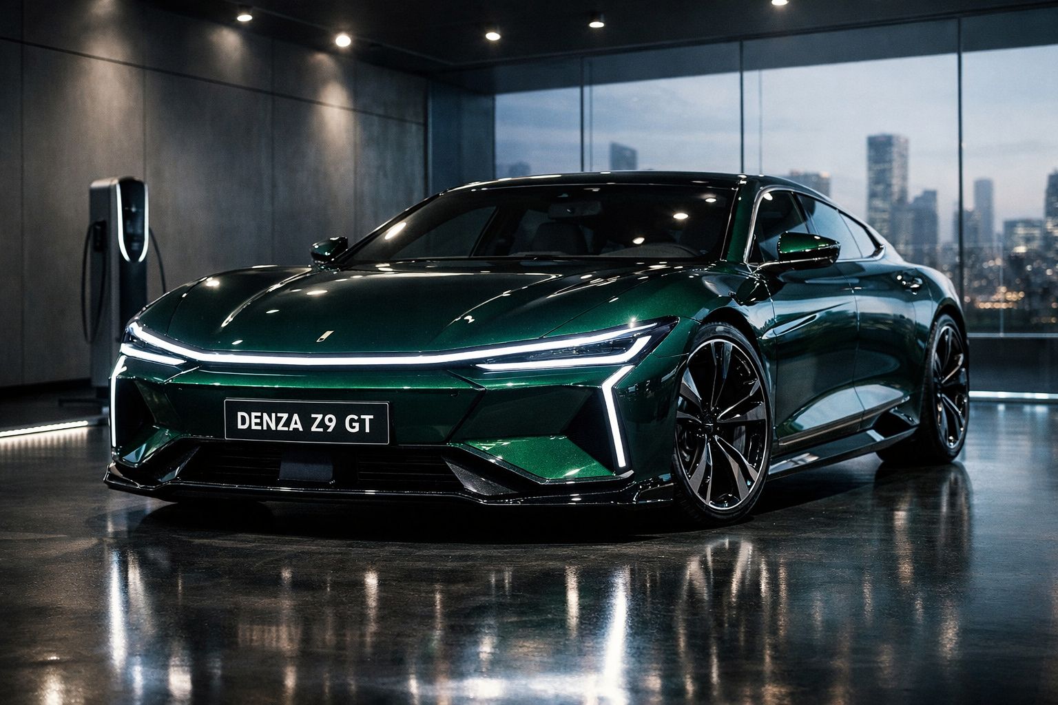 Carro desportivo elétrico verde Denza Z9 GT estacionado em garagem moderna com fundo urbano.