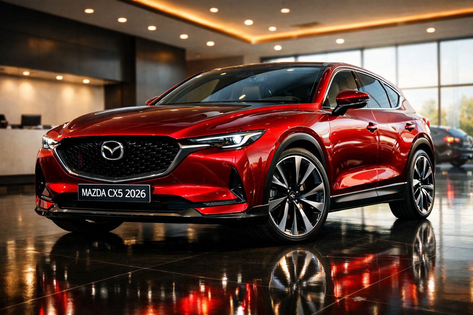 Carro Mazda CX5 2026 vermelho brilhante estacionado em salão moderno com chão reflector.