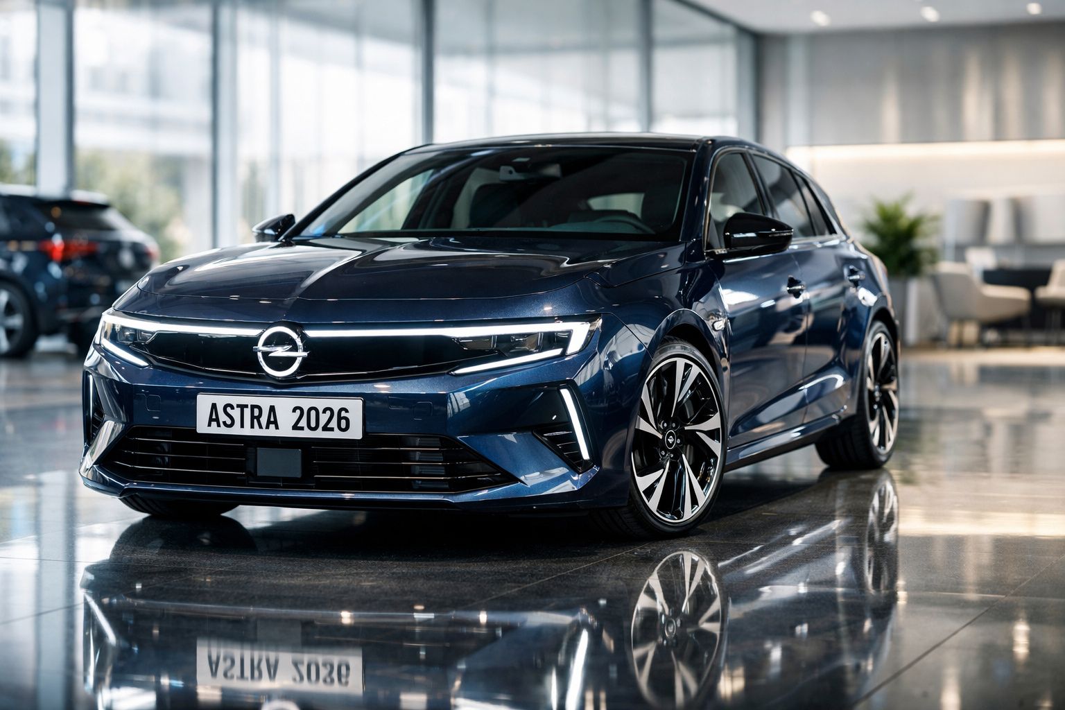 Carro Opel Astra 2026 azul escuro exibido em showroom moderno com piso refletor.