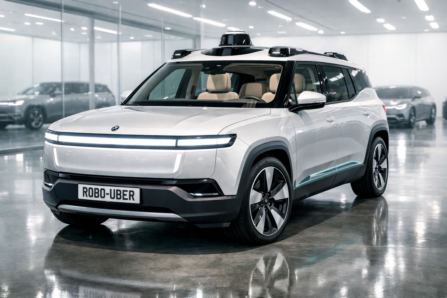 Carro autónomo branco numa garagem moderna com placa personalizada "ROBO-UBER".