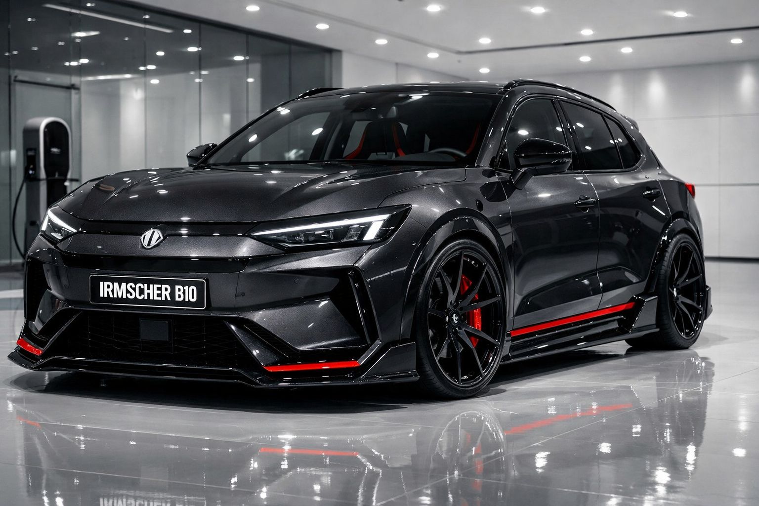 Carro desportivo preto Irmscher B10 estacionado numa garagem moderna com detalhes vermelhos.