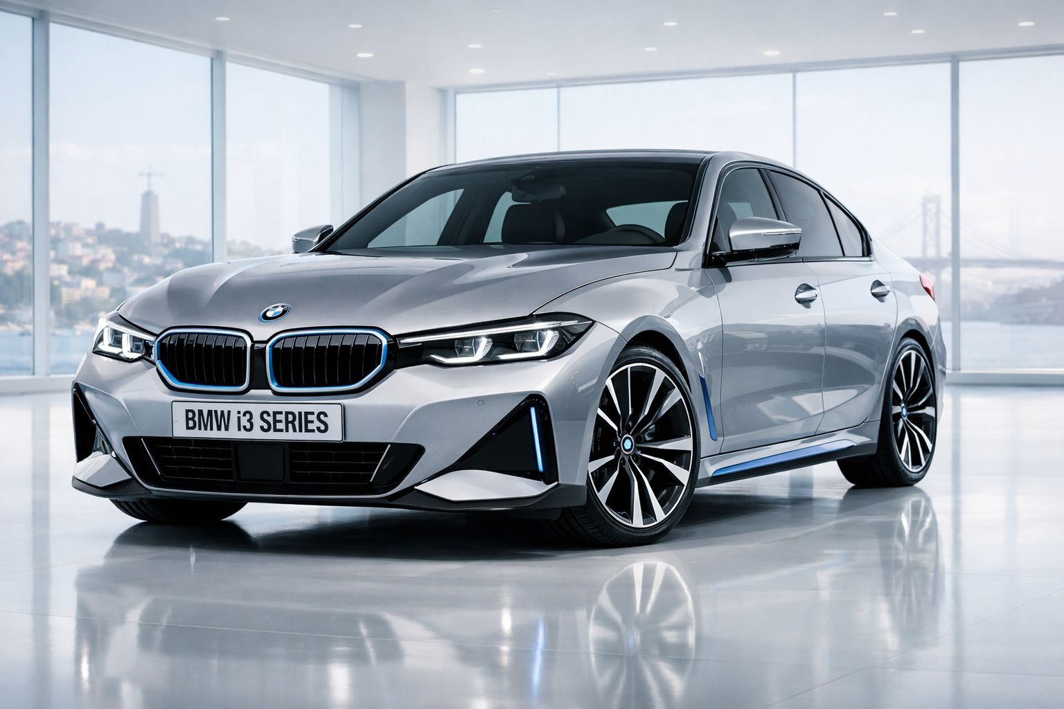 Carro BMW i3 Series cinzento estacionado em ambiente interior com janelas grandes e vista urbana.