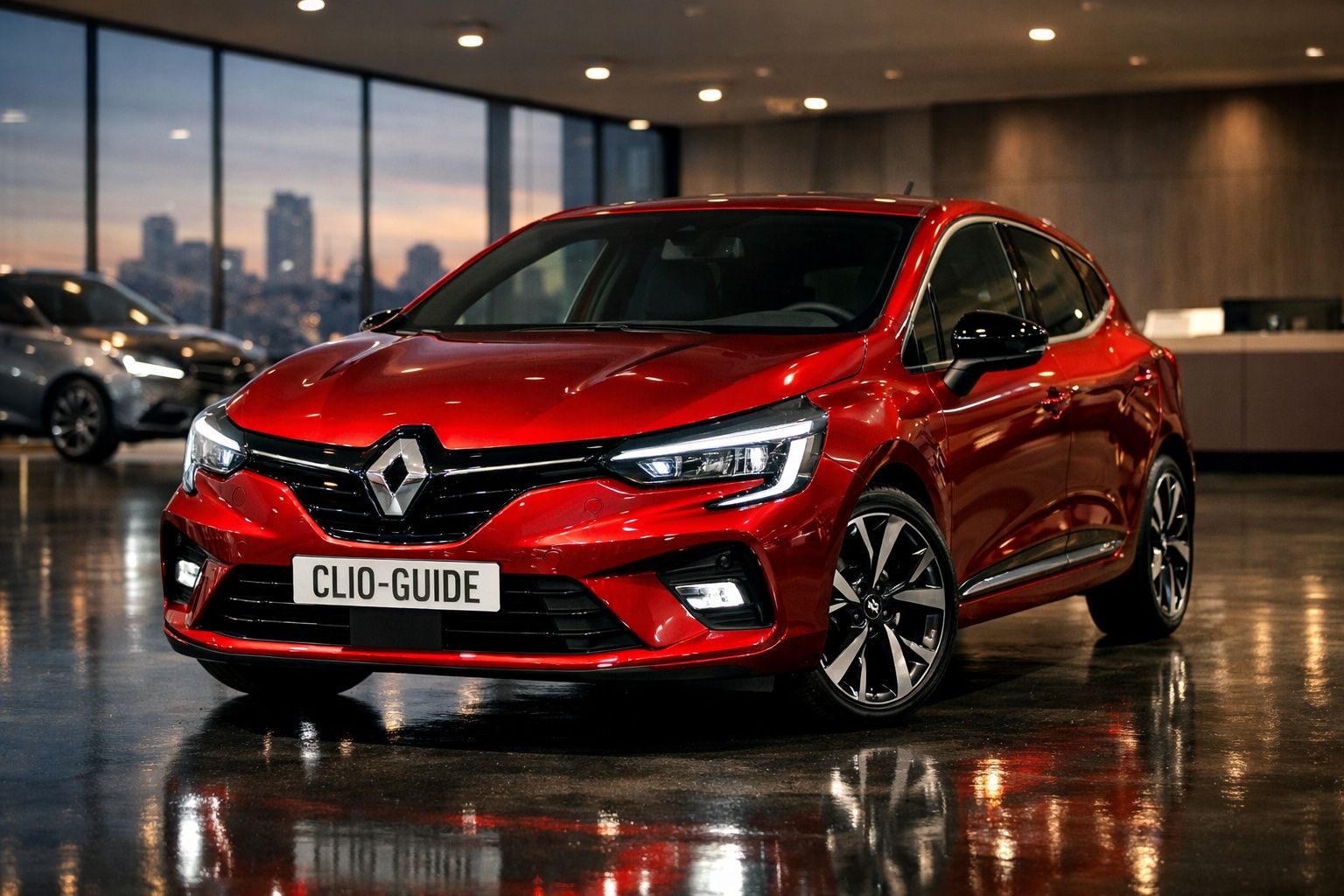 Renault Clio vermelho moderno estacionado em showroom com piso refletor e janelas grandes ao fundo.