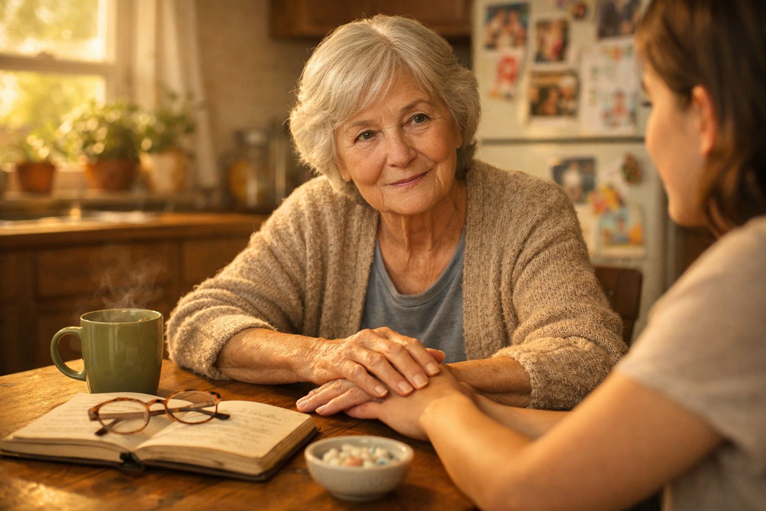 Idosa sorridente segura a mão de outra pessoa à mesa com chá, óculos e livro aberto numa cozinha acolhedora.