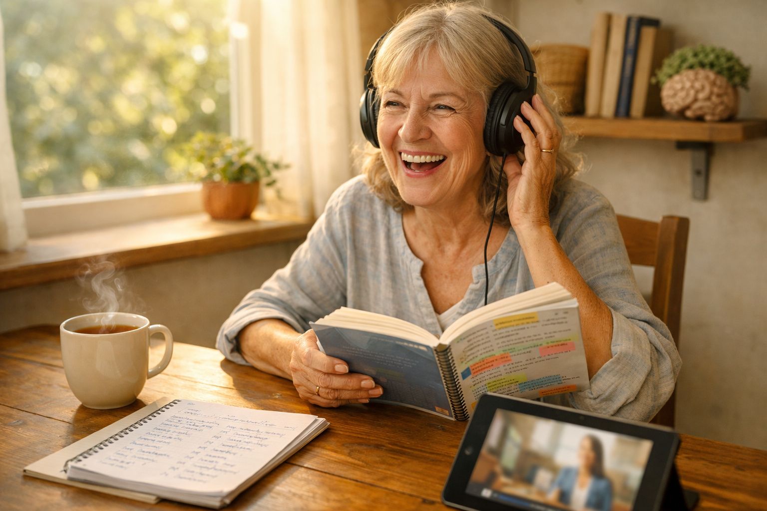 Mulher sorridente com auscultadores lê livro assinalado, sentada à mesa com chá quente e caderno.