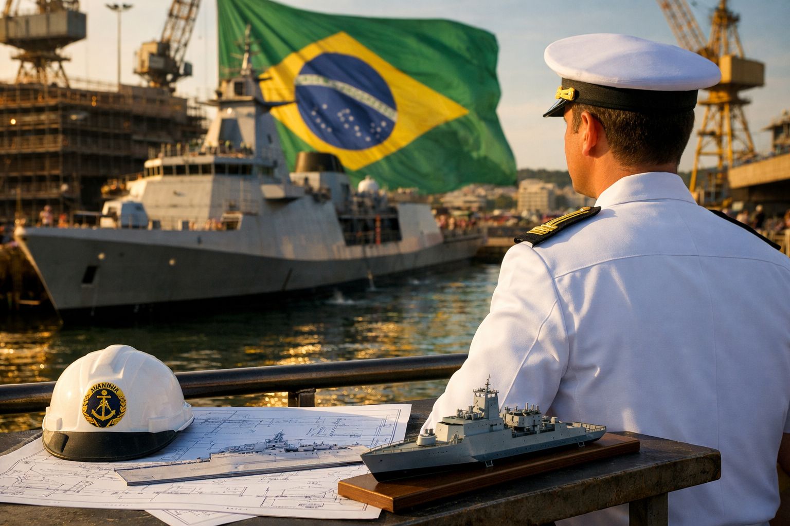 Marinheiro brasileiro em uniforme observa navio de guerra e bandeira do Brasil num porto ao pôr do sol.