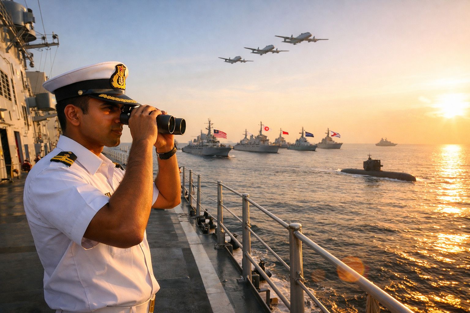 Marinheiro observa pelo binóculo várias embarcações e aviões militares no mar ao pôr do sol.