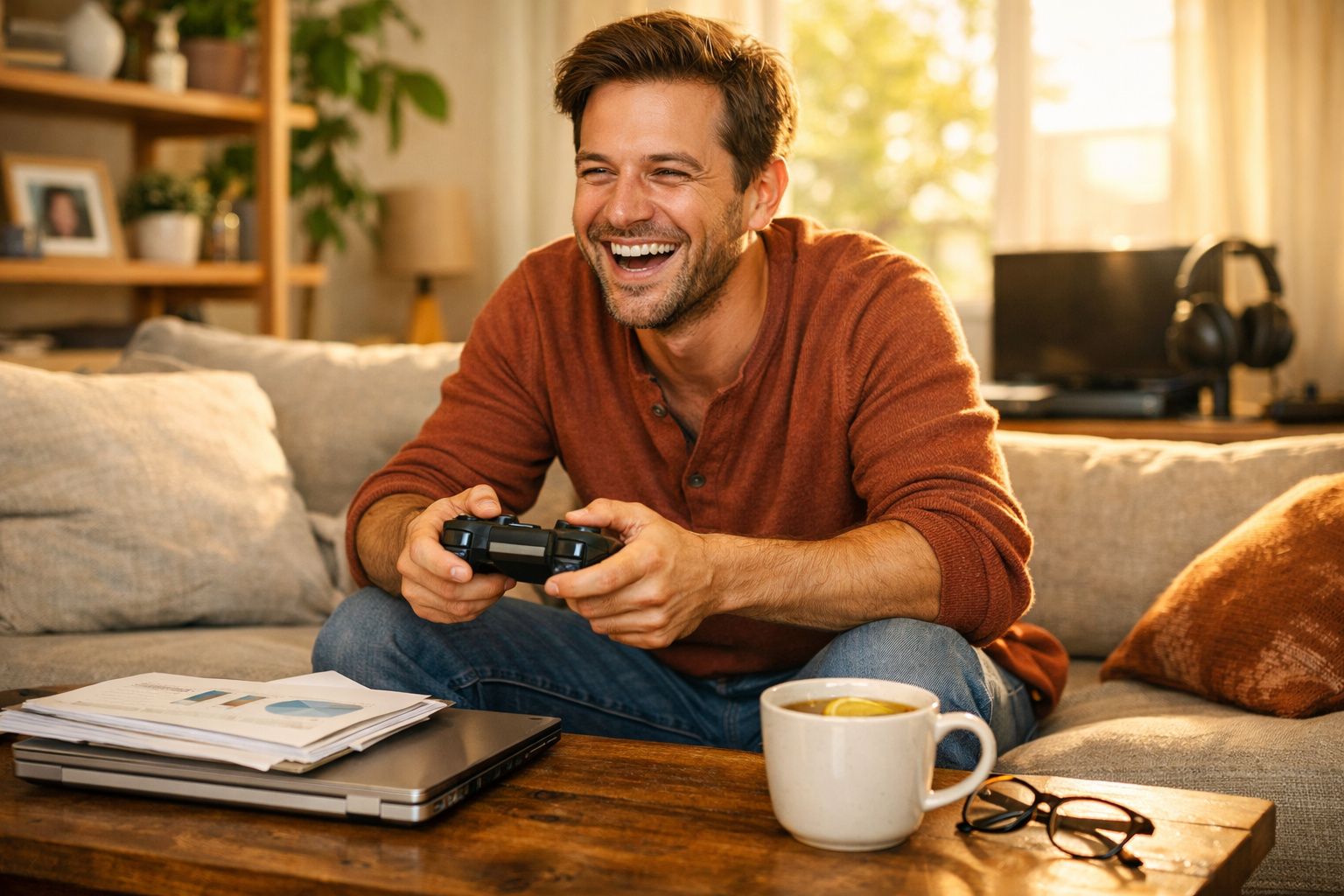 Homem sentado no sofá a jogar videojogos com comando, ao lado de café, computador e documentos.