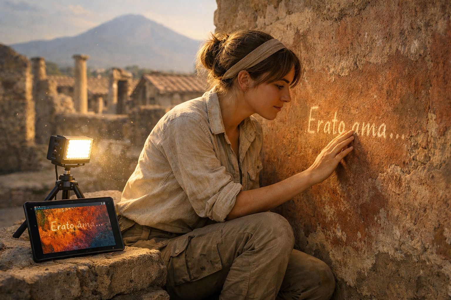 Mulher jovem a analisar inscrição antiga "Erato ama..." numa parede de ruínas arqueológicas ao pôr do sol.