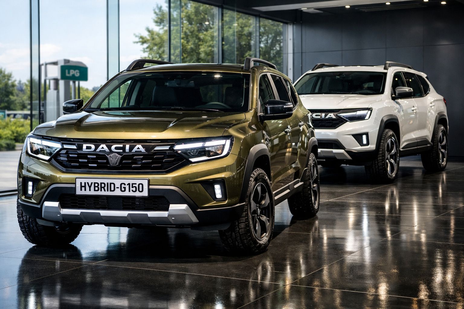 Dois carros SUV Dacia, modelo Hybrid-G150, expostos num espaço interior moderno.