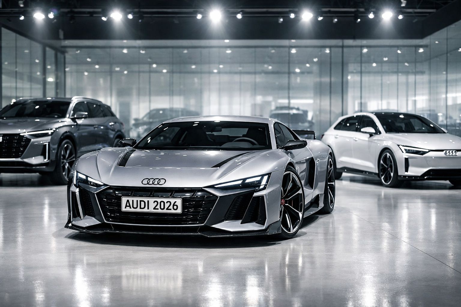 Carro desportivo Audi cinza metálico em destaque numa sala de exposição moderna com outros veículos ao fundo.