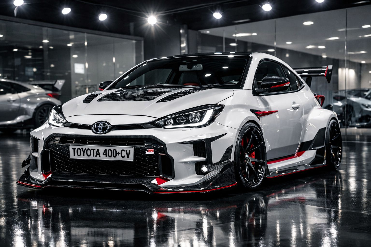 Toyota desportivo branco com detalhes em preto e vermelho, em exposição interior polida.